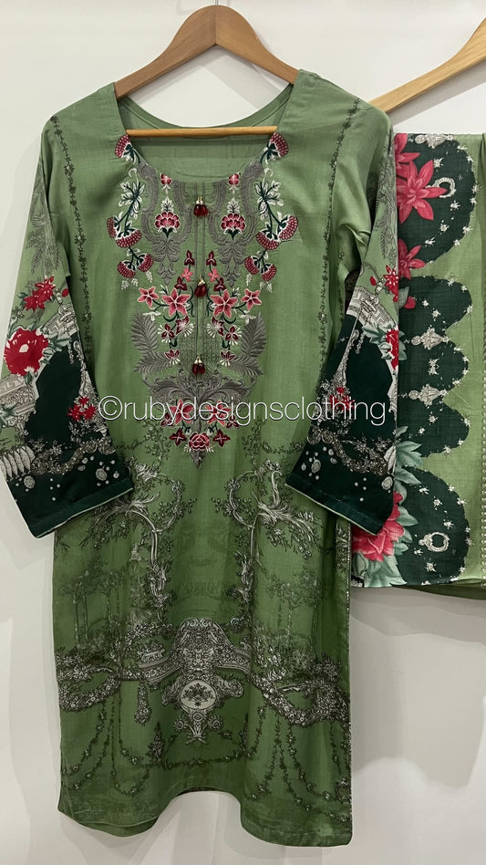 Minor Defect - Original Tawakkal Felicia Stitched Green Linen Print Suit with Embroidery (8748090294485)