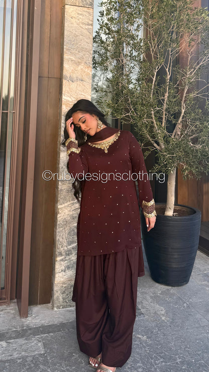 RAHA Mocha - Luxury 3 Piece Chiffon Suit with Farshi Shalwar