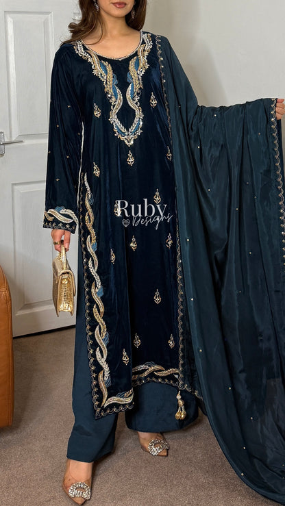 LINA - 3 Piece Teal Luxury Velvet Suit with Gold Handwork