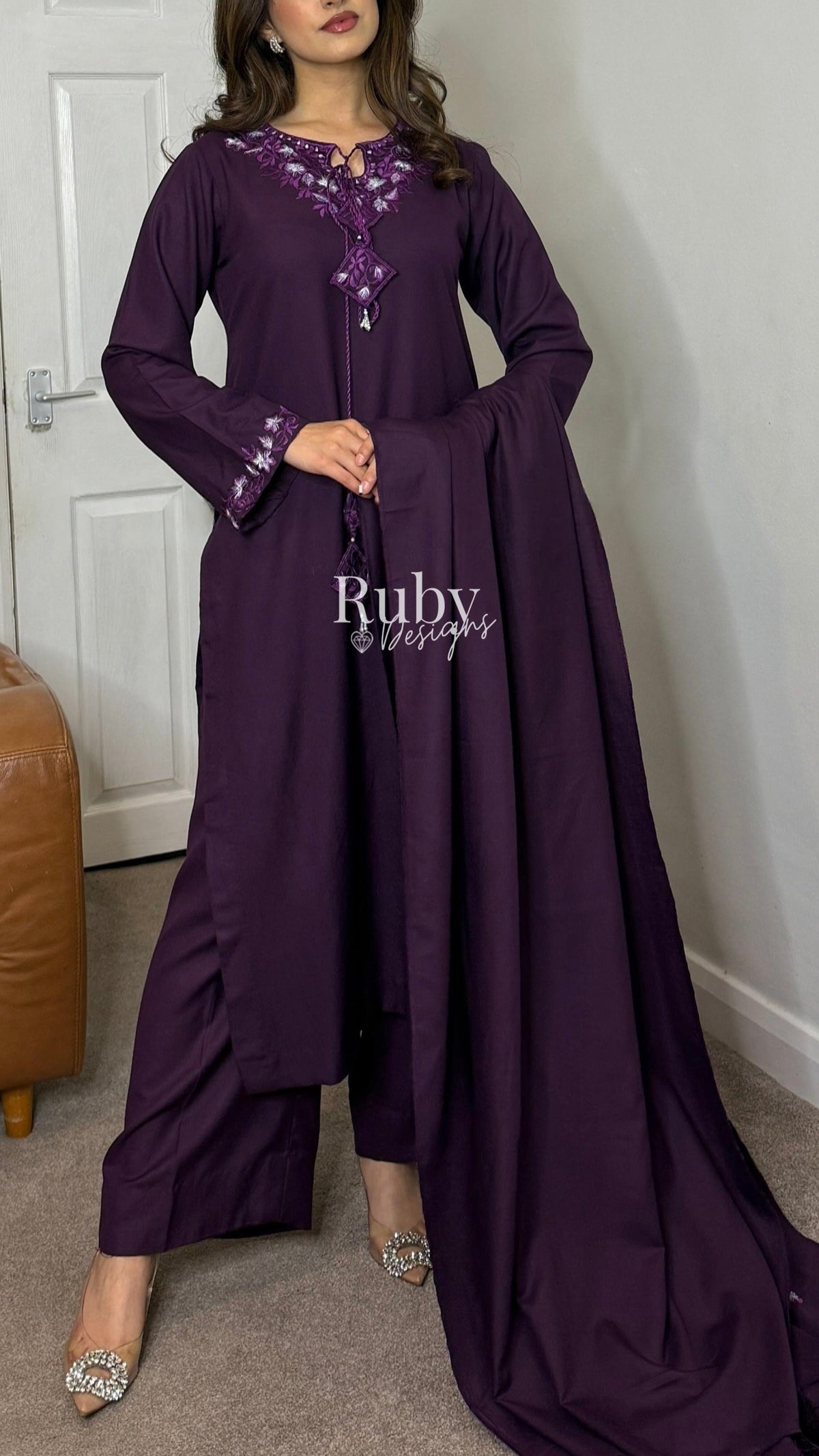 RIMSHA - 3 Piece Deep Purple Marina Suit with Shawl