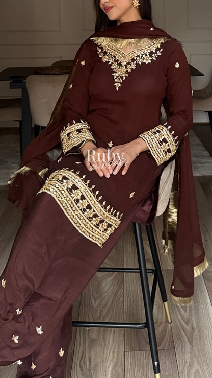 SAJAL Cocoa - 3 Piece Chiffon Suit with Farshi Shalwar and Gota Handwork