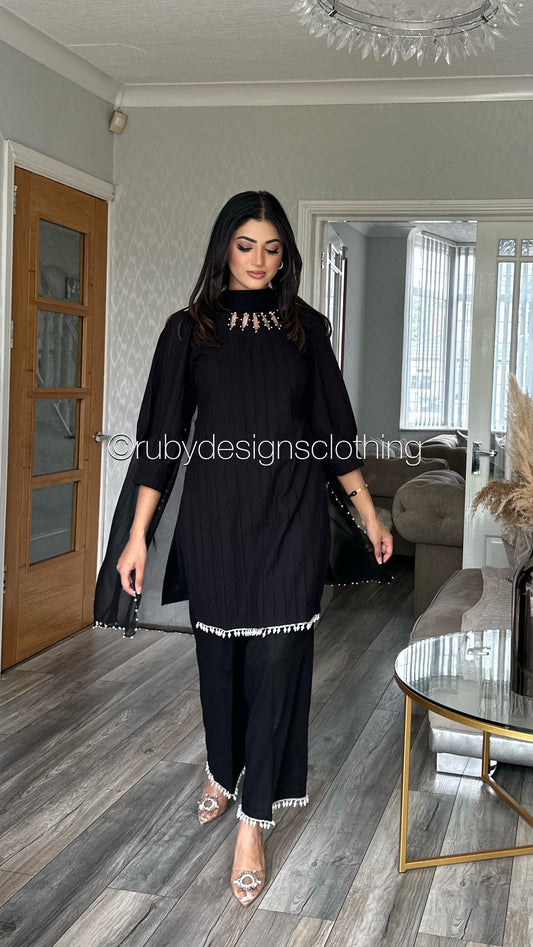 HUSNA - 3 Piece Black Lawn Suit with Pearl Details