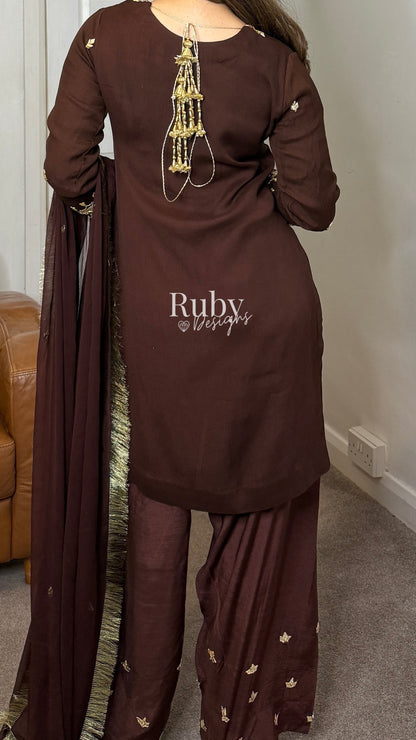 SAJAL Cocoa - 3 Piece Chiffon Suit with Farshi Shalwar and Gota Handwork