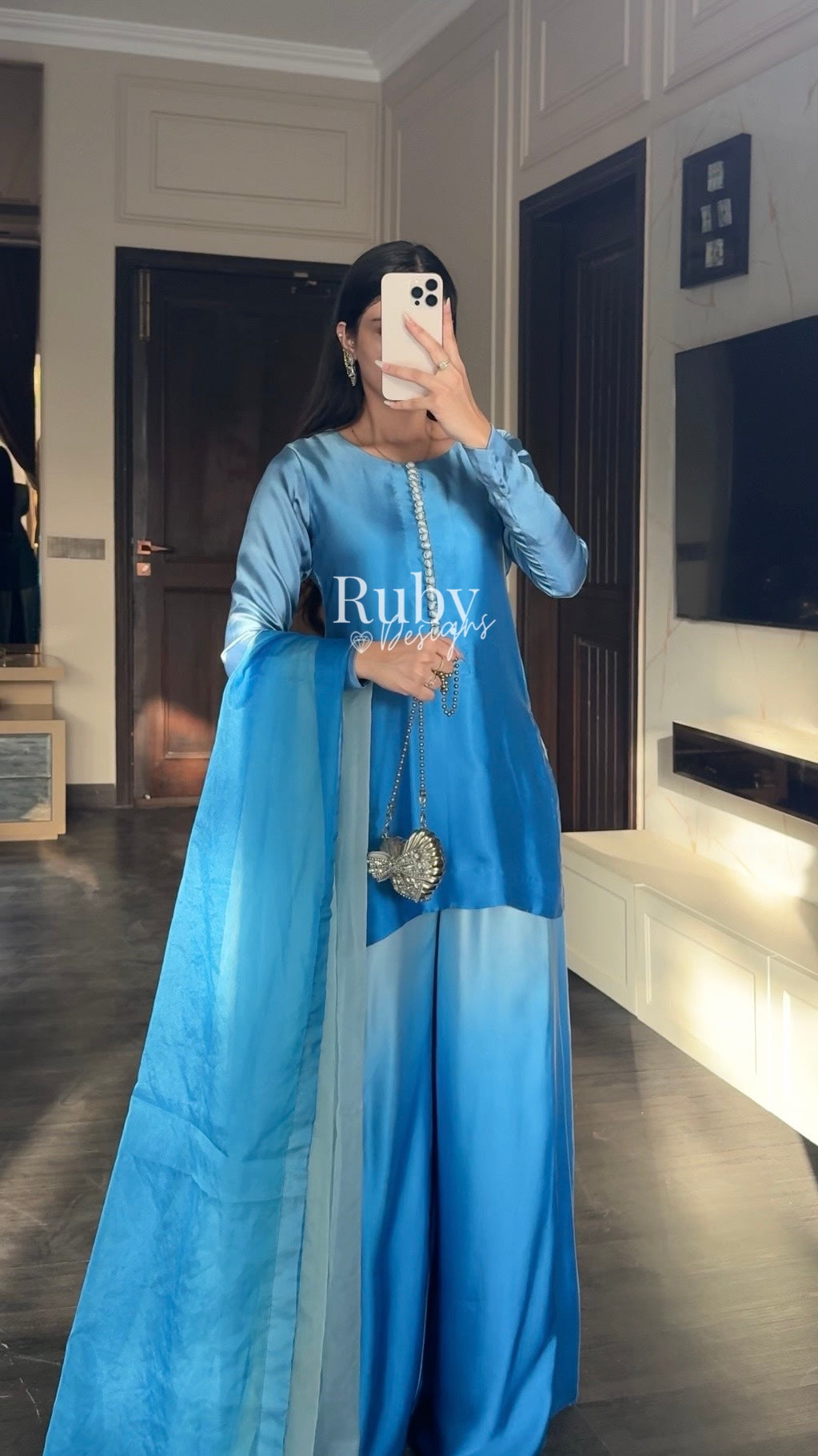 FIHA Azure - 3 Piece Ombrè Silk Suit with Flowy Wide Pants