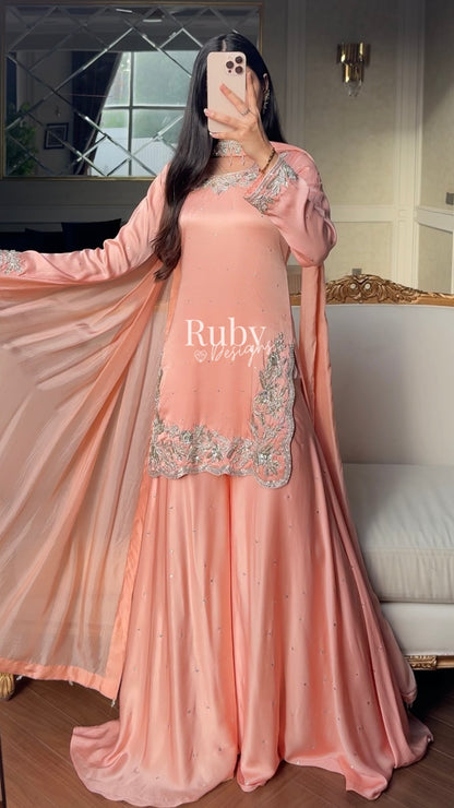 PARISA Peach - 4 Piece Silk Suit with Matching Potli Bag