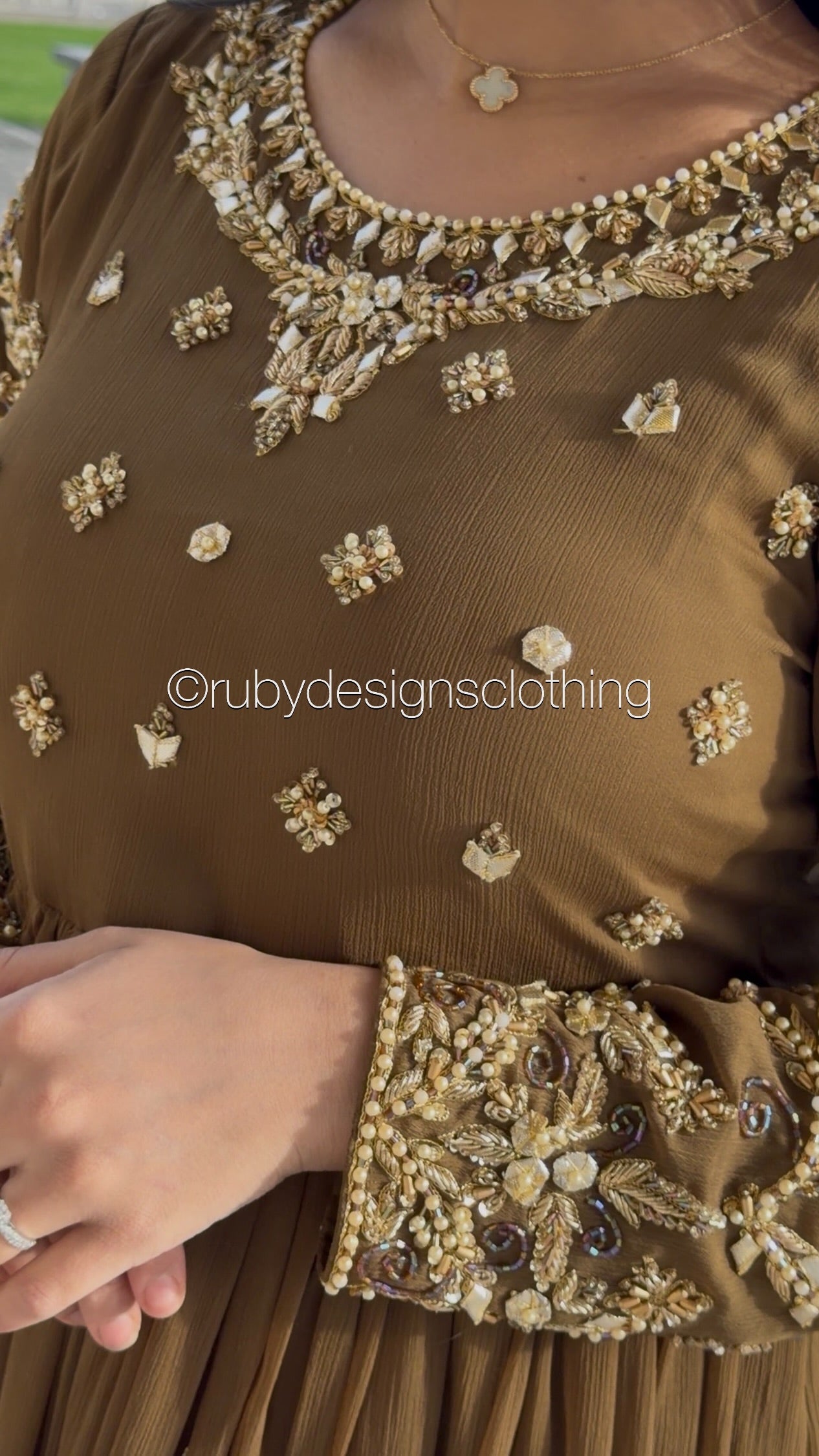 NAYRA Style 1 (Dress) - 3 Piece Khaki Chiffon Dress with Kiran Lace Dupatta and Churidaar Trousers