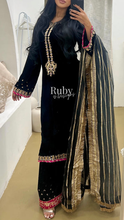 NAYAB - 3 Piece Luxury Velvet Suit with Gold Handwork