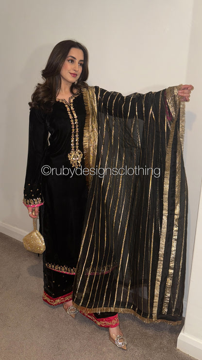 NAYAB - 3 Piece Luxury Velvet Suit with Gold Handwork