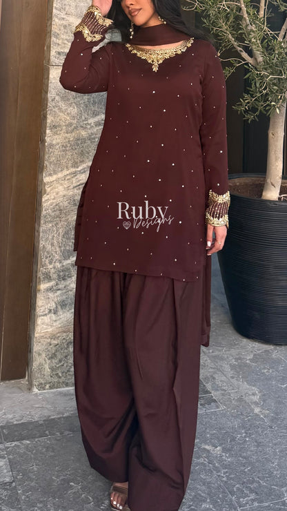 PRE-ORDER RAHA Mocha - Luxury 3 Piece Chiffon Suit with Farshi Shalwar