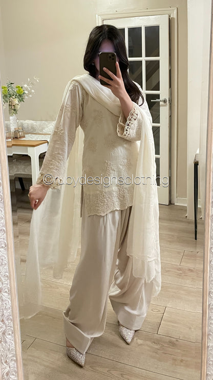 Vanilla Mist - 3 Piece Chikankari Suit with Farshi Shalwar