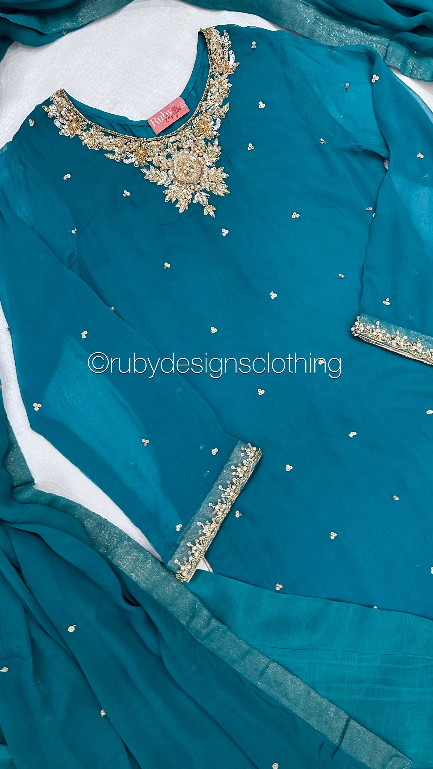 ALVIA Teal - 3 Piece Teal Chiffon Suit with Gold Handwork