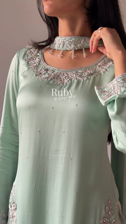 PARISA Sage - 4 Piece Silk Suit with Matching Potli Bag