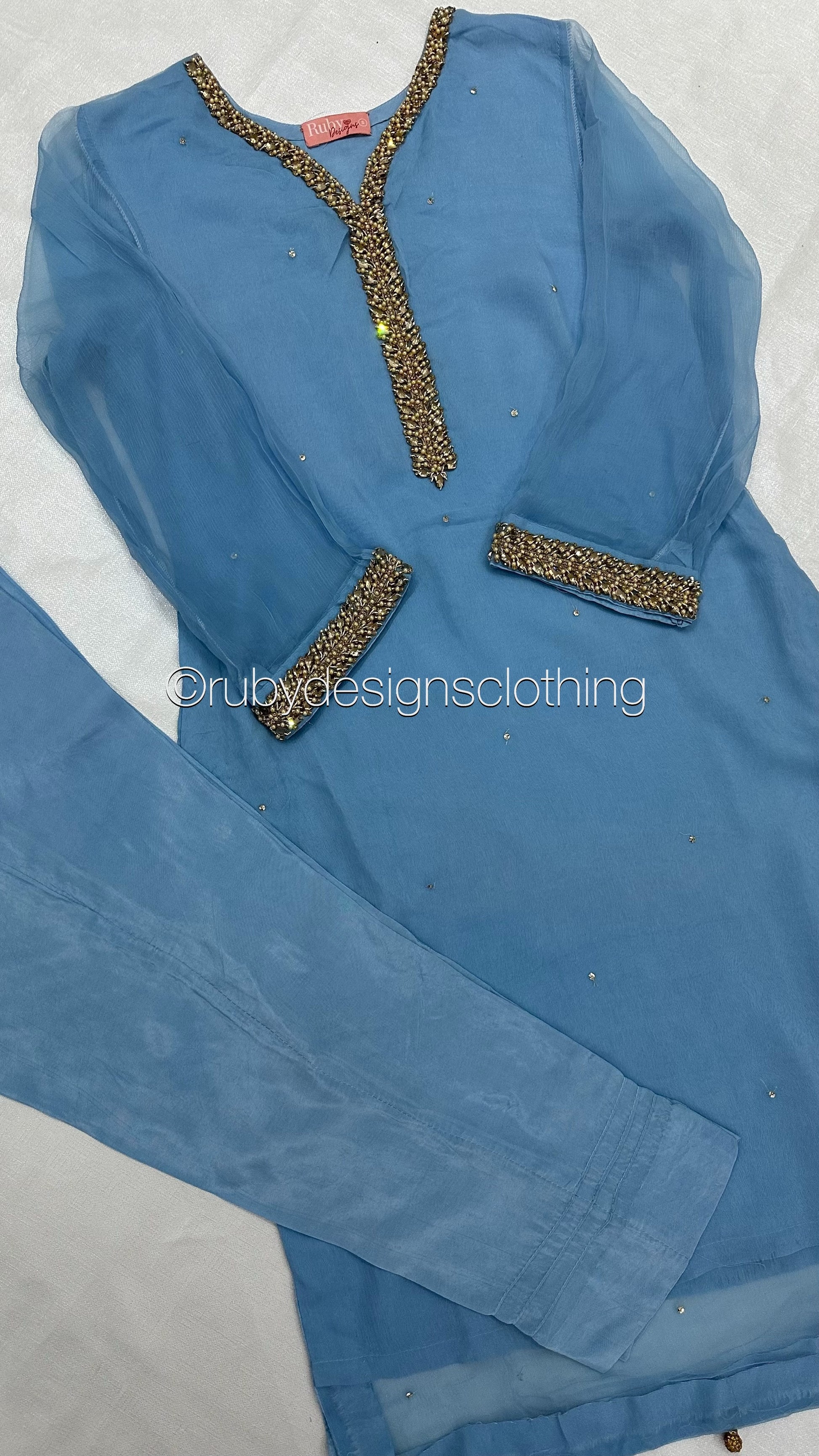 EXCLUSIVE SAMPLE - 3 Piece Blue Chiffon Suit with Gold Handwork (8746815357141)