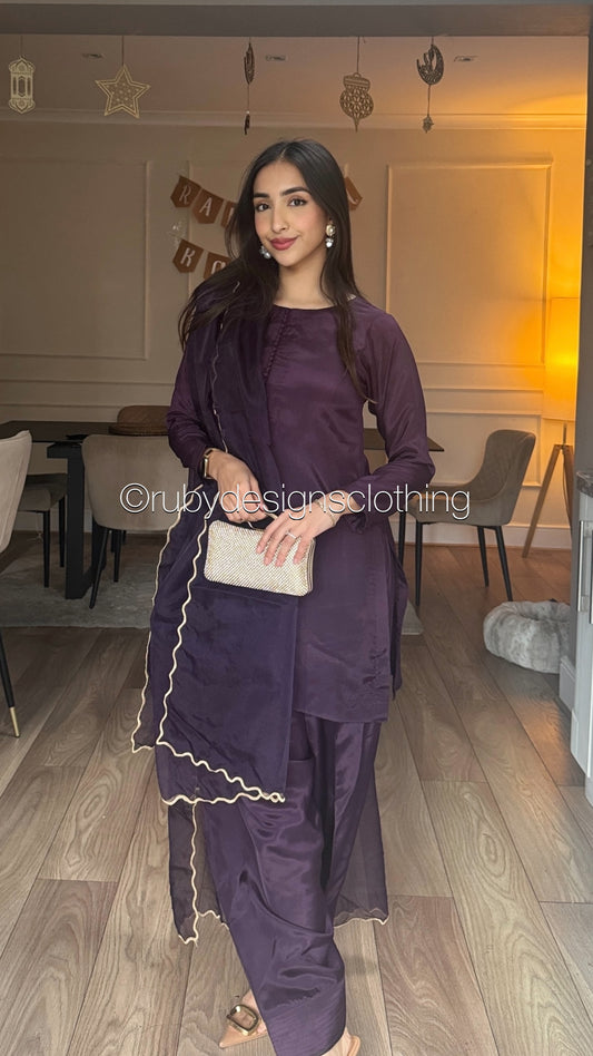 RIMA Plum - 3 Piece Russian Silk Suit with Farshi Shalwar