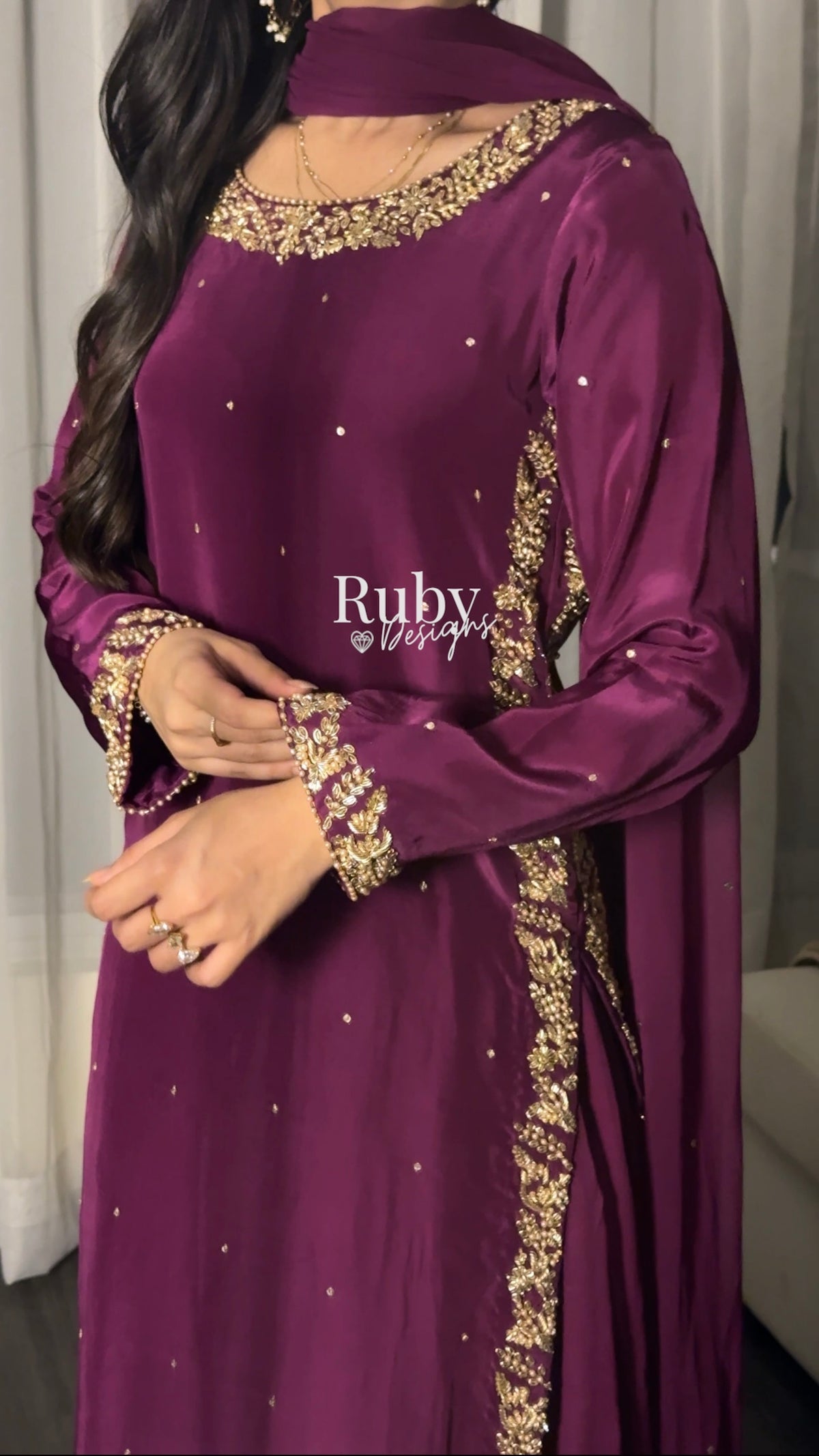 ZAINA Mulberry - 3 Piece Silk Suit with Gold Handwork
