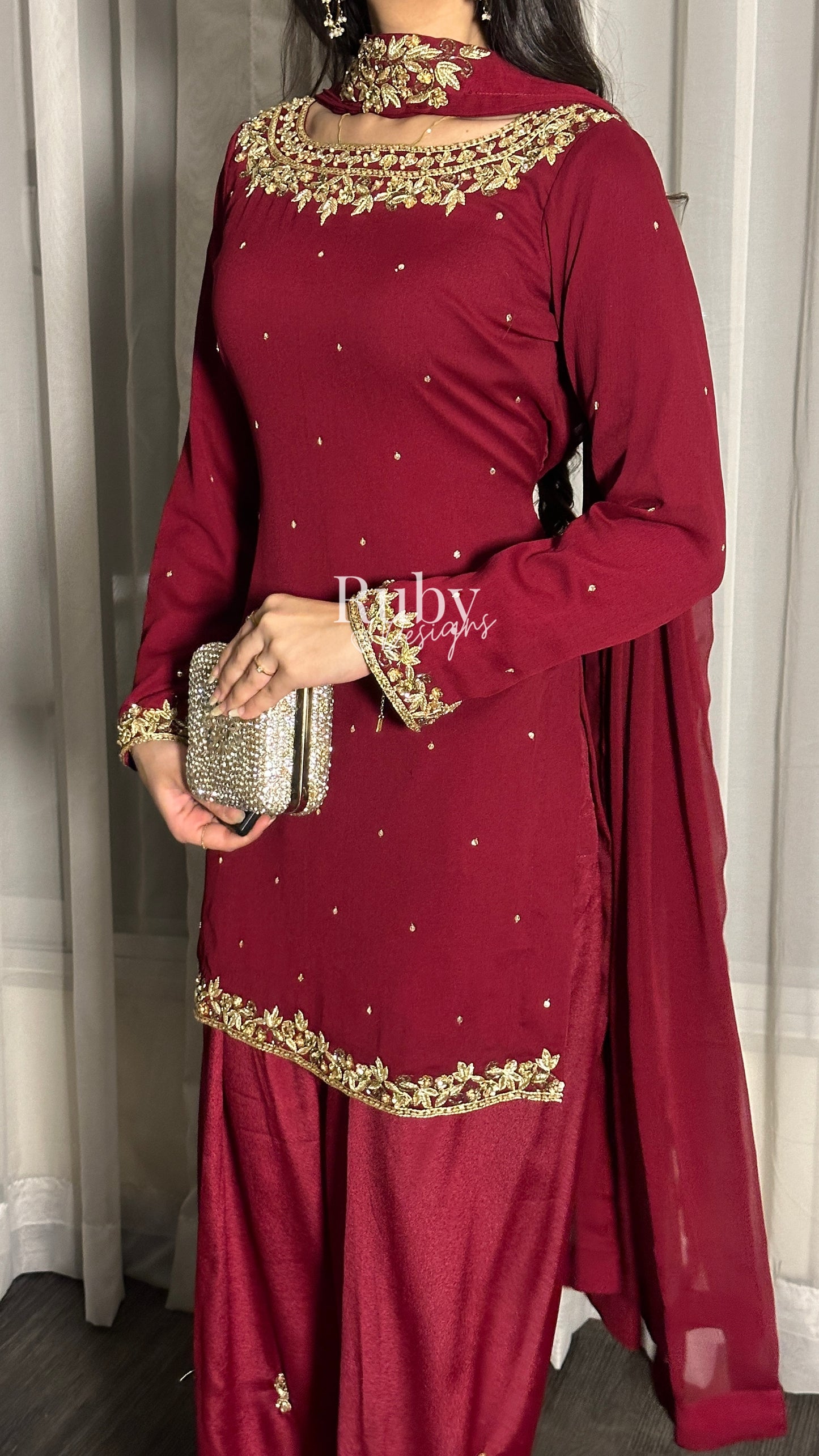 HUMNA Ruby - 3 Piece Chiffon Suit with Farshi Shalwar