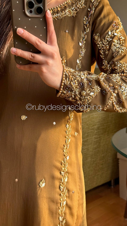 NAYRA Style 3 (Short Shirt) - 3 Piece Khaki Chiffon Suit with Shalwar