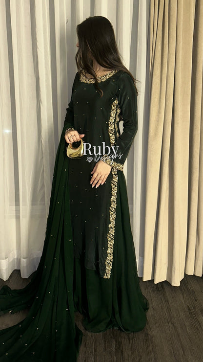 ZAINA Emerald - 3 Piece Silk Suit with Gold Handwork