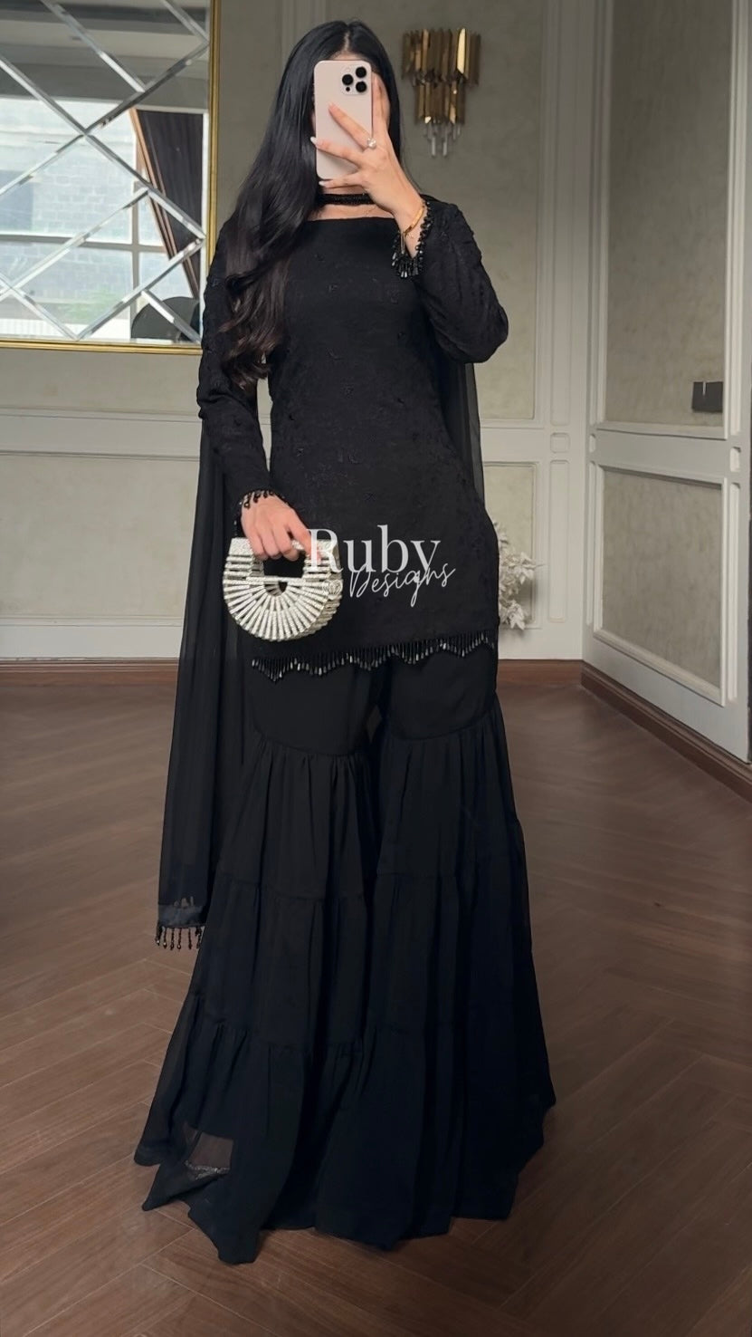 FARYAL Noir - 3 Piece Chiffon Suit with Tiered Sharara