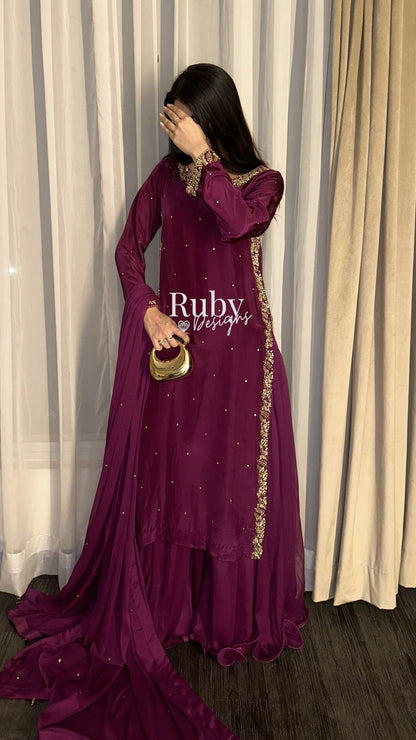 ZAINA Mulberry - 3 Piece Silk Suit with Gold Handwork