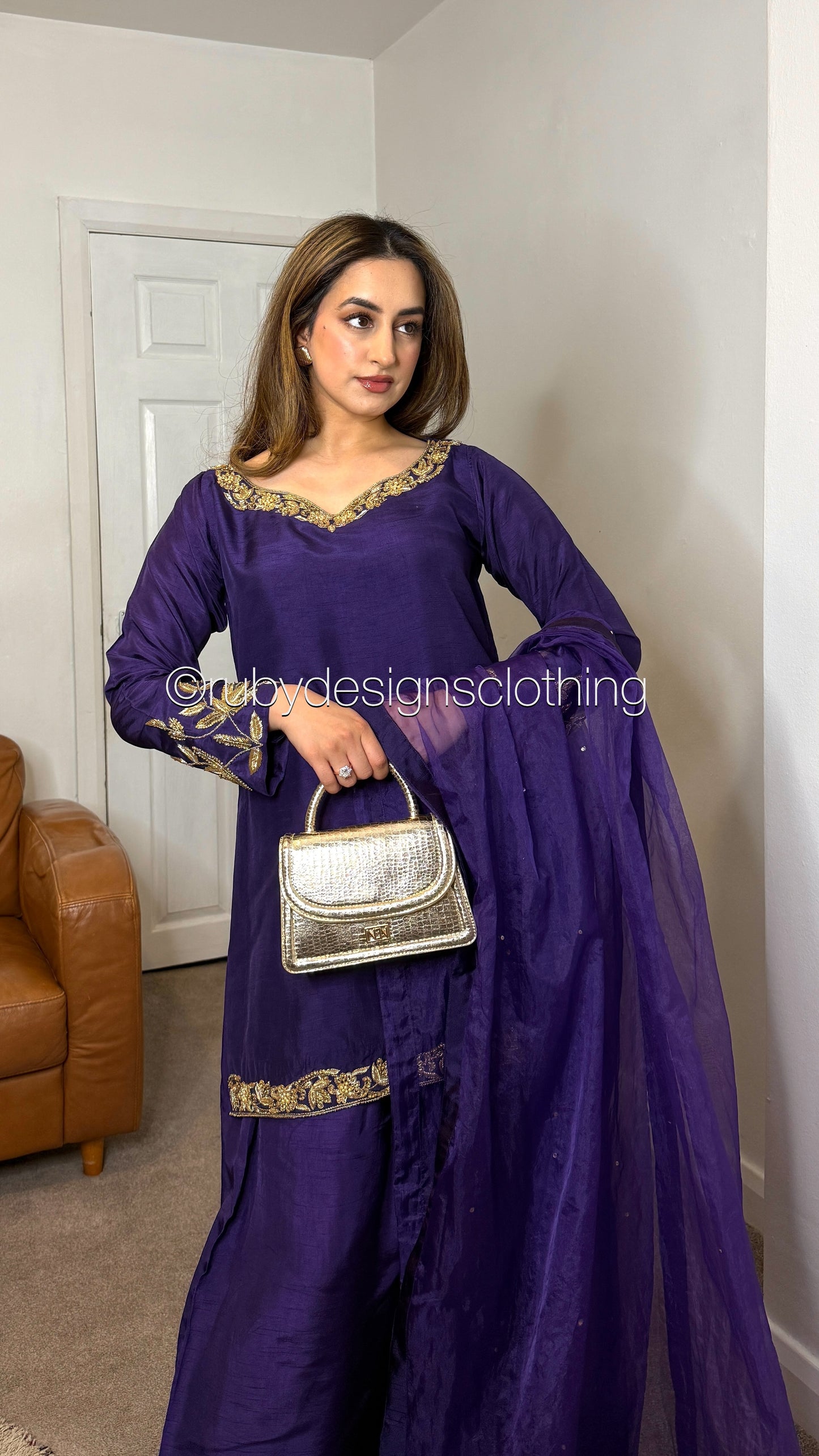 SHAFAQ Midnight - 3 Piece Raw Silk Suit with Farshi Shalwar