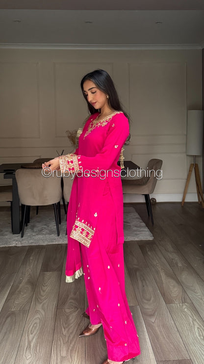 SAJAL Rose - 3 Piece Chiffon Suit with Farshi Shalwar and Gota Handwork