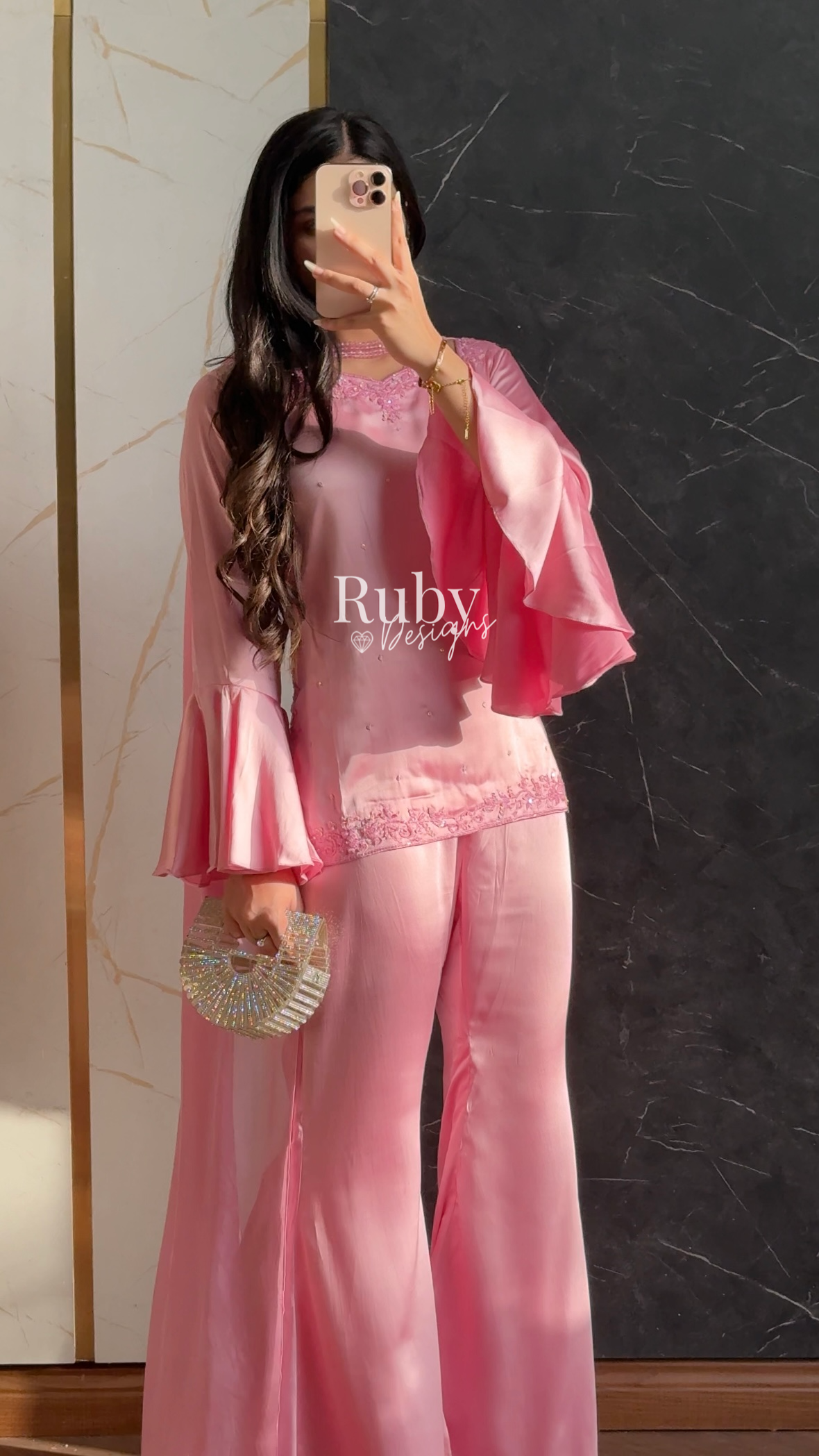 KAREENA Pink - 3 Piece Silk Suit with Crystal Choker Dupatta