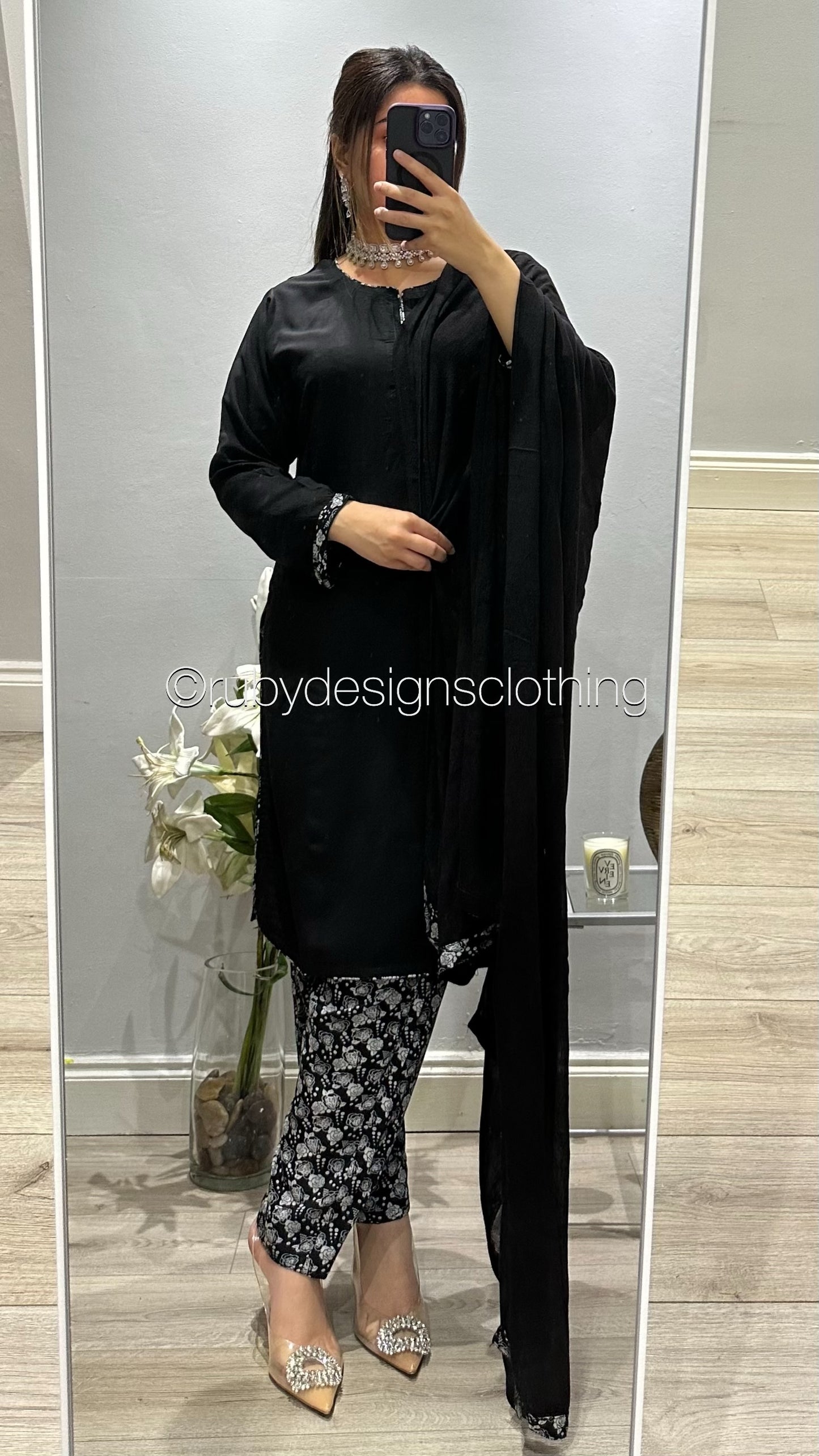 3 Piece Black Linen Suit with Printed Shalwar (8746822369493)