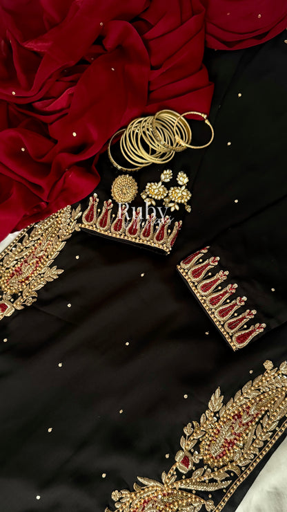 MEHRUNNISA - 3 Piece Black Chiffon Suit with Gold Handwork