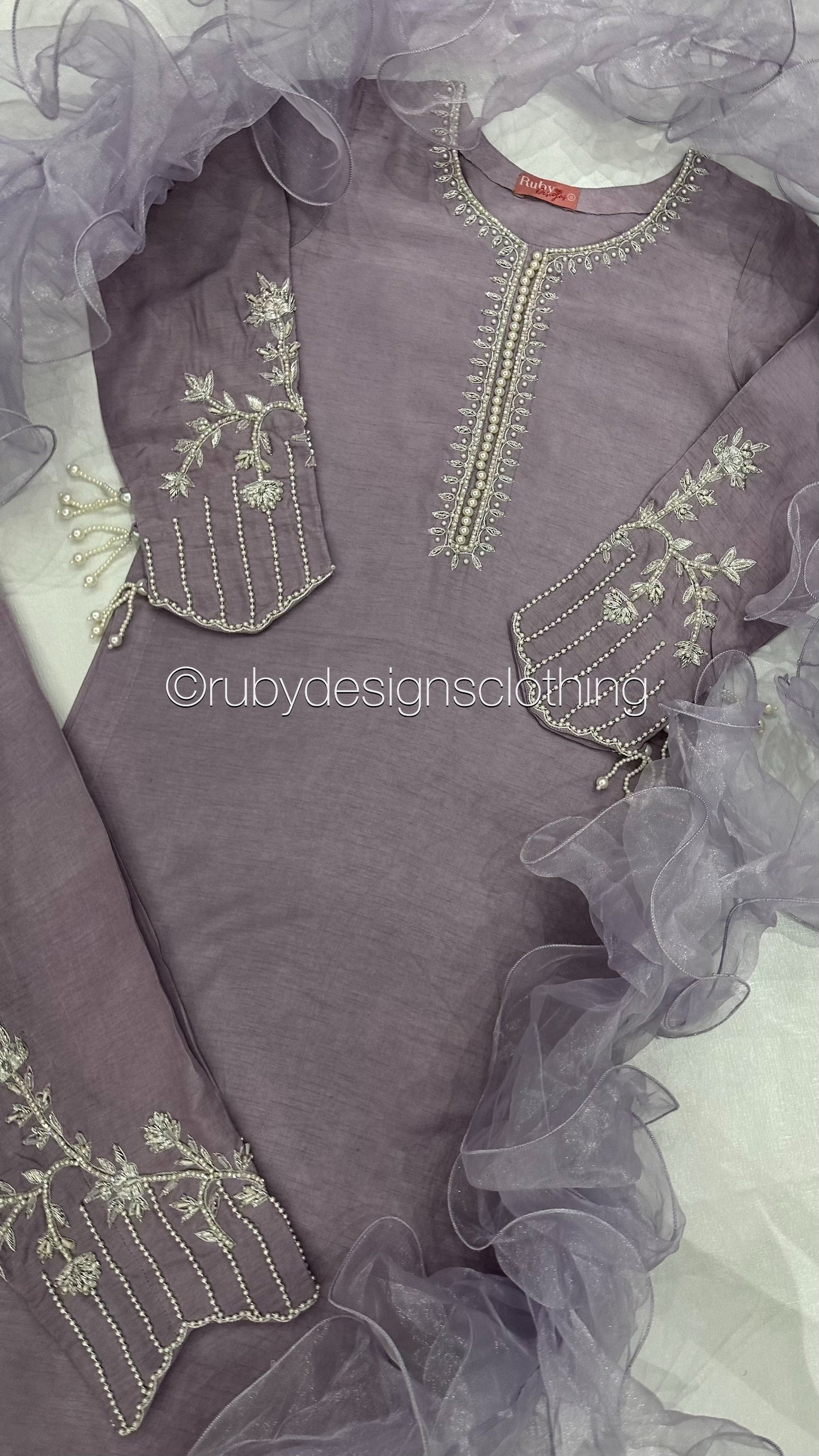 MIRAY Lilac - 3 Piece Luxury Korean Raw Silk Suit with Ruffle Dupatta