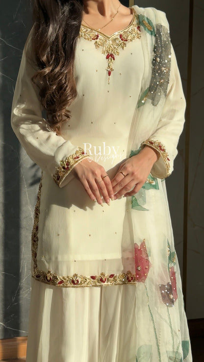 ZAIRA Ivory - 3 Piece Chiffon Sharara Suit with Hand Painted Dupatta