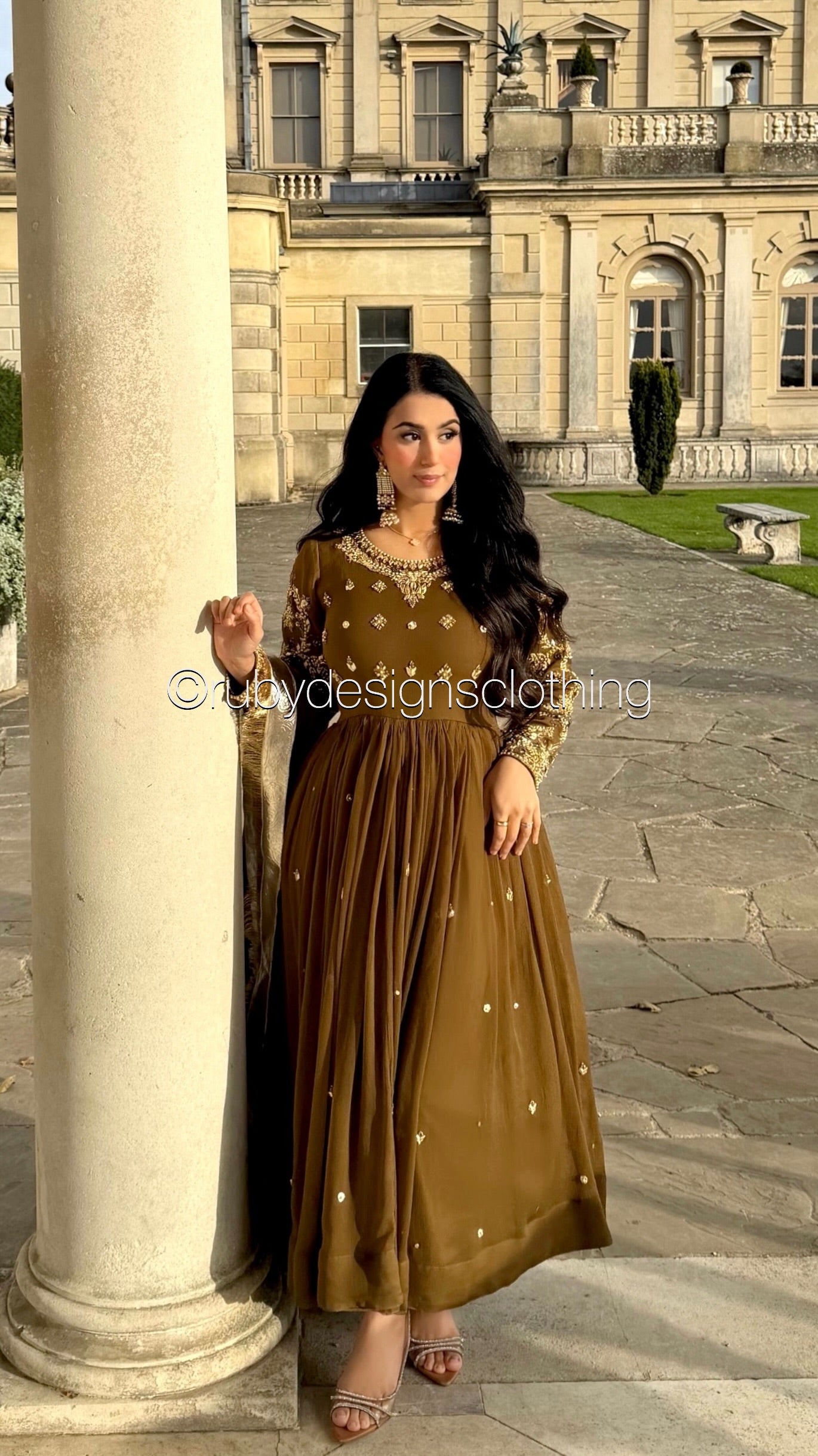 NAYRA Style 1 (Dress) - 3 Piece Khaki Chiffon Dress with Kiran Lace Dupatta and Churidaar Trousers