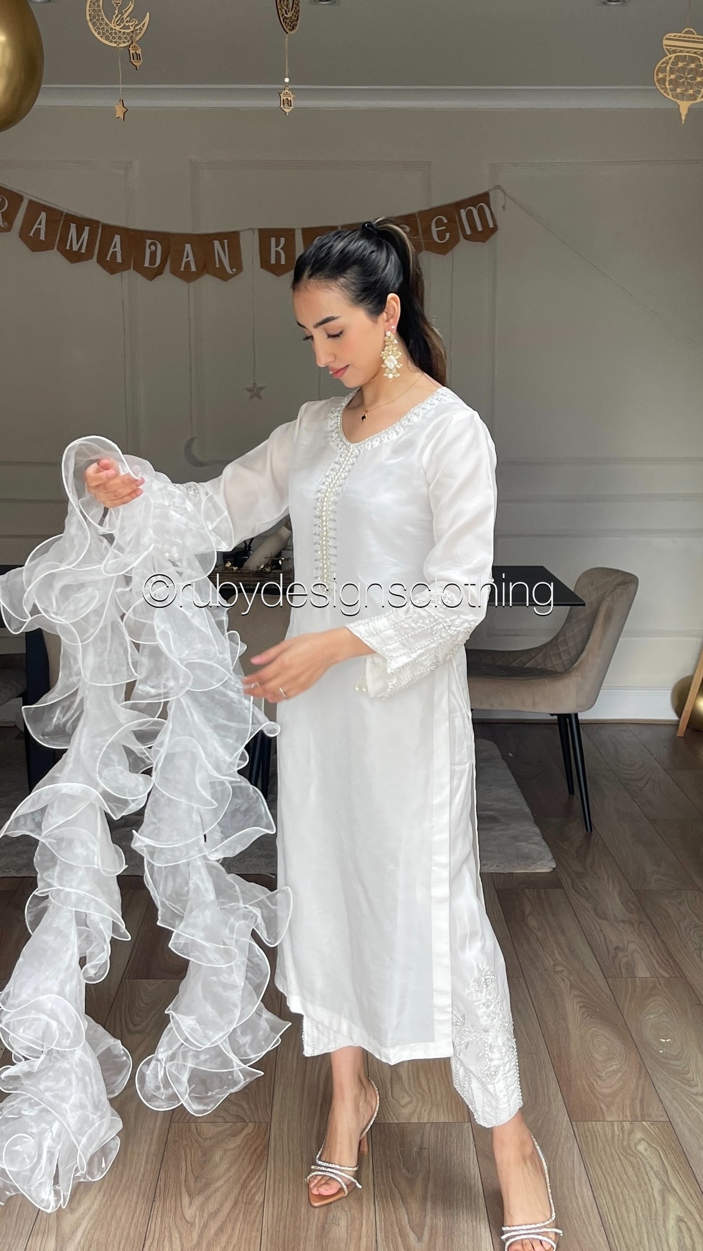 MIRAY White - 3 Piece Luxury Korean Raw Silk Suit with Ruffle Dupatta