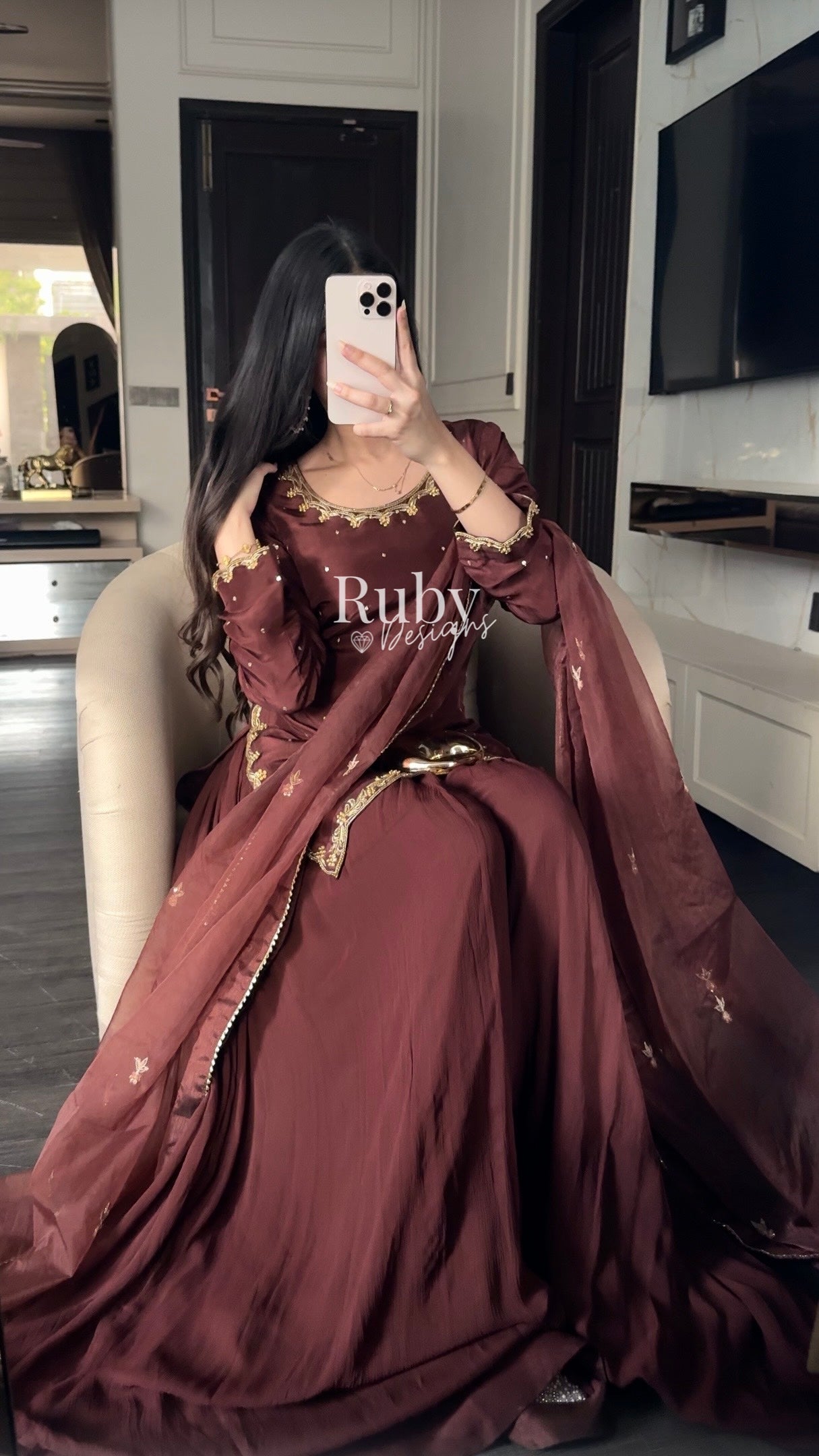 ZEBA Chocolate - 3 Piece Luxury Suit with Sharara