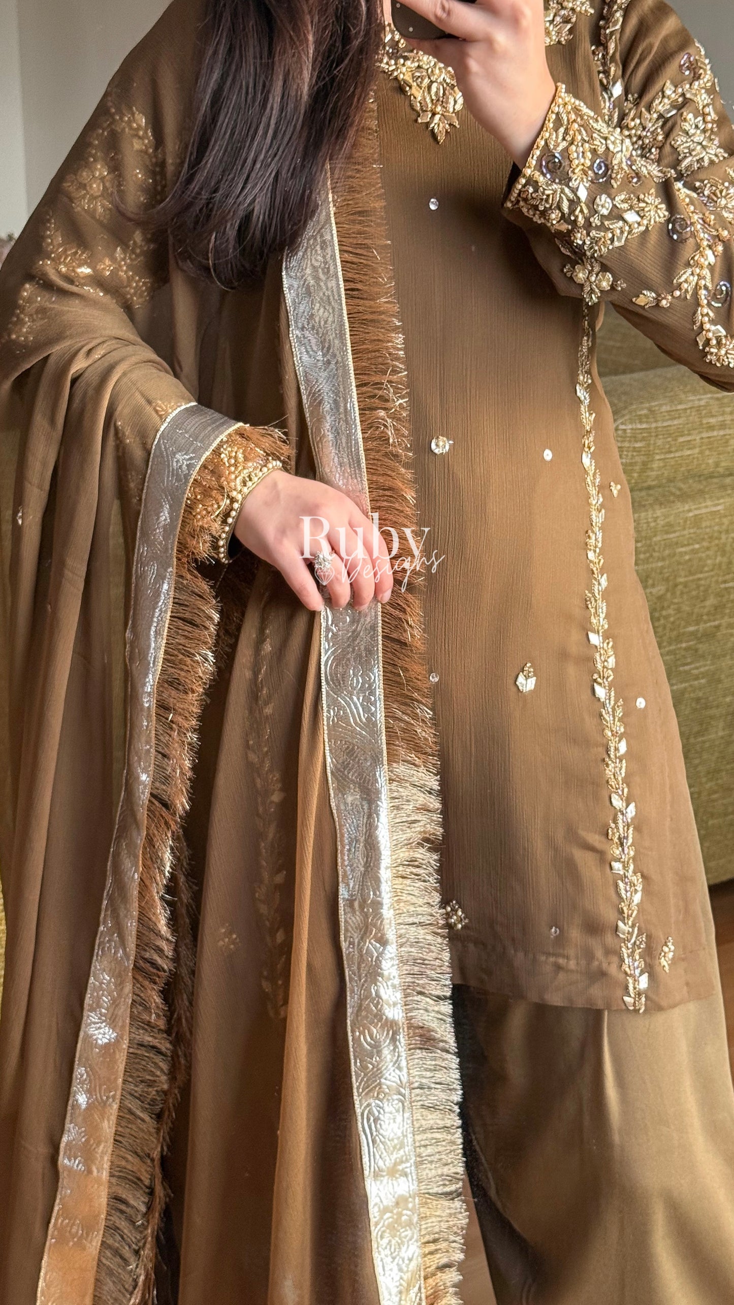 NAYRA Style 3 (Short Shirt) - 3 Piece Khaki Chiffon Suit with Shalwar