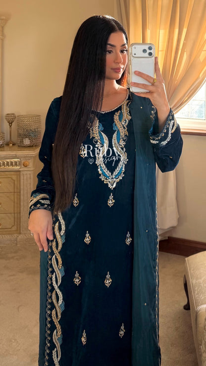 LINA - 3 Piece Teal Luxury Velvet Suit with Gold Handwork