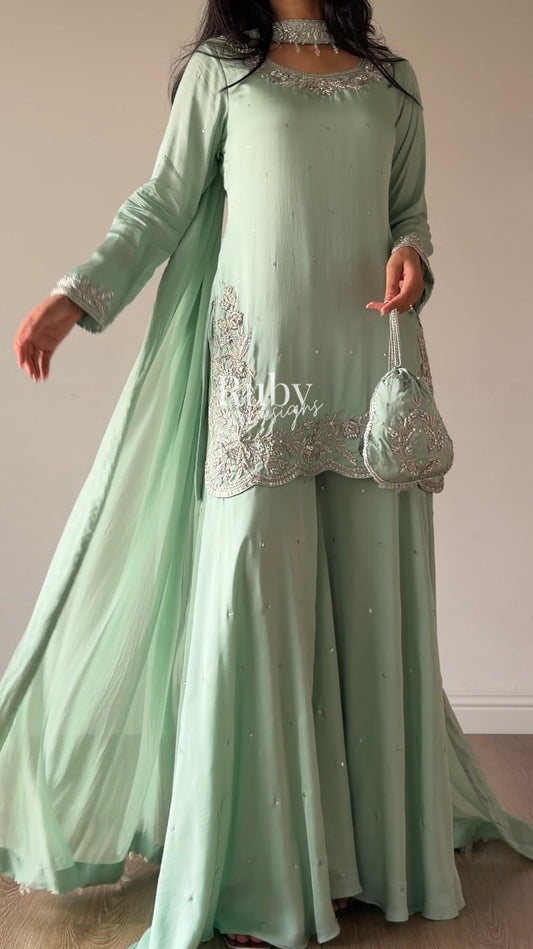 PARISA Sage - 4 Piece Silk Suit with Matching Potli Bag