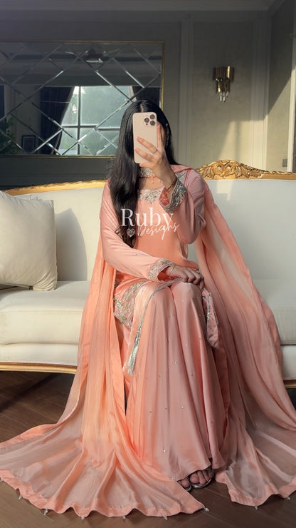 PARISA Peach - 4 Piece Silk Suit with Matching Potli Bag