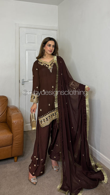 SAJAL Cocoa - 3 Piece Chiffon Suit with Farshi Shalwar and Gota Handwork