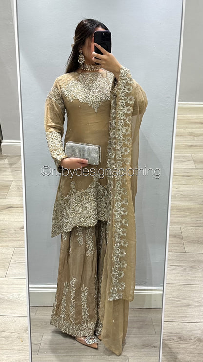 EXCLUSIVE SAMPLE - 3 Piece Chiffon Heavy Embroidered Suit with Embroidered Sharara (8746859495637)