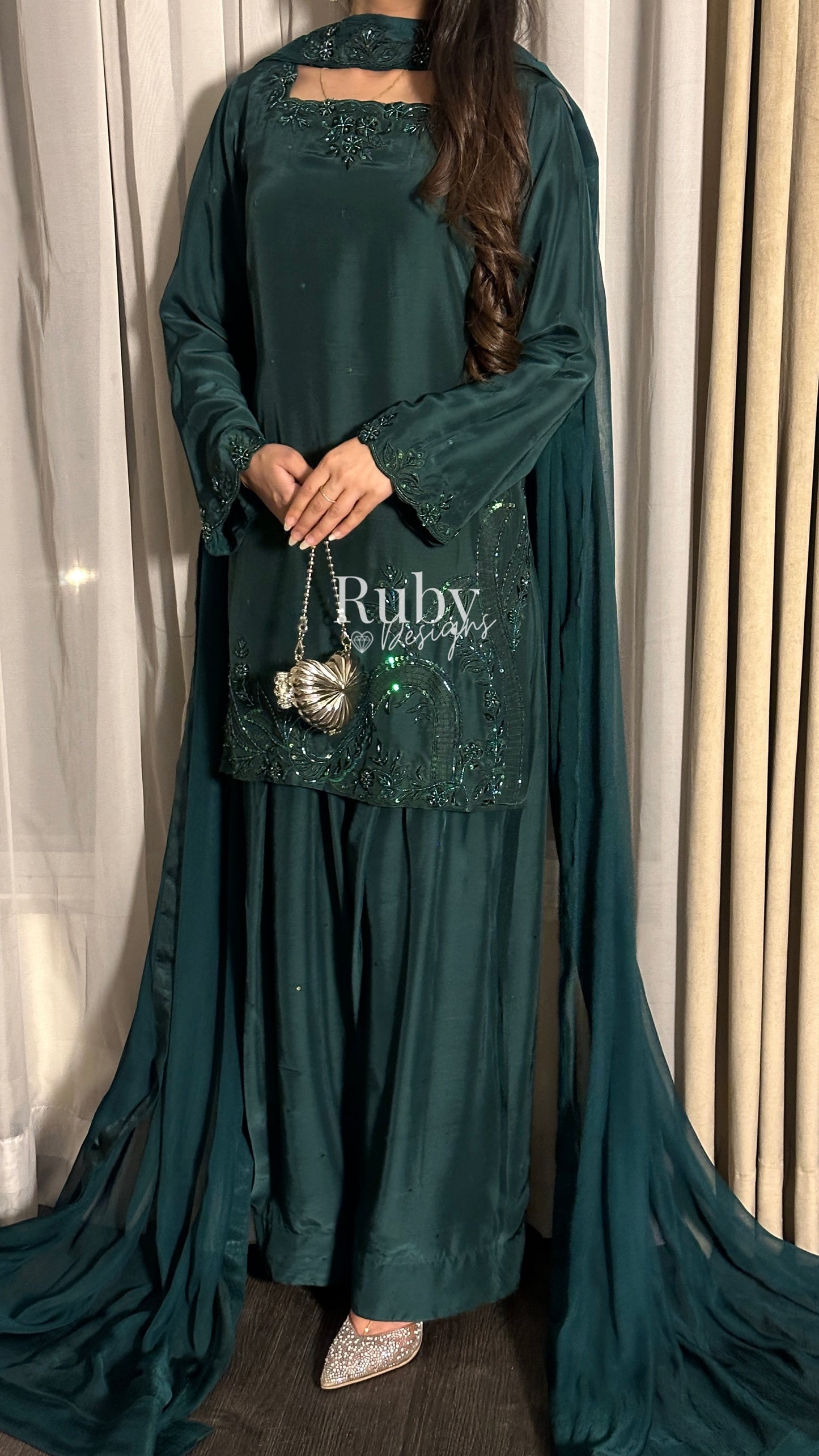 LARA Emerald - 3 Piece Luxury Silk Suit with Cutdana Handwork