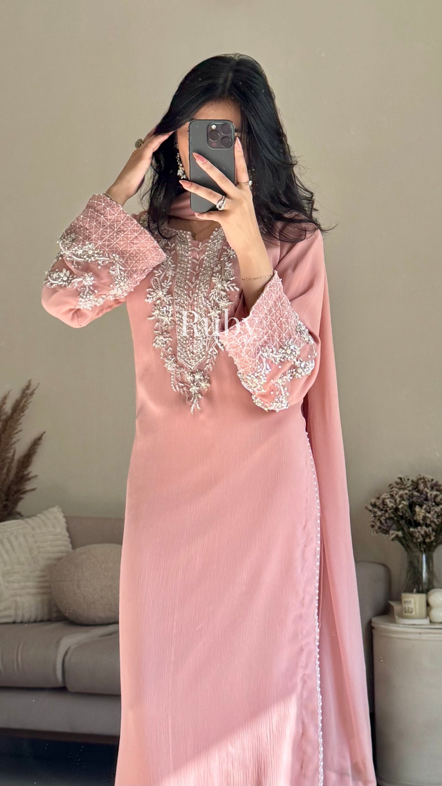 AREEN Blush - 3 Piece Chiffon Suit with Pearl and Stone Handwork