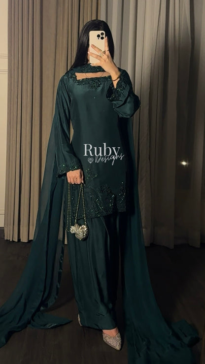 LARA Emerald - 3 Piece Luxury Silk Suit with Cutdana Handwork