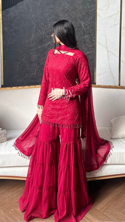 FARYAL Rouge - 3 Piece Chiffon Suit with Tiered Sharara