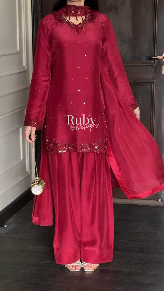 LEYLA - 3 Piece Luxury Silk Suit with Farshi Shalwar