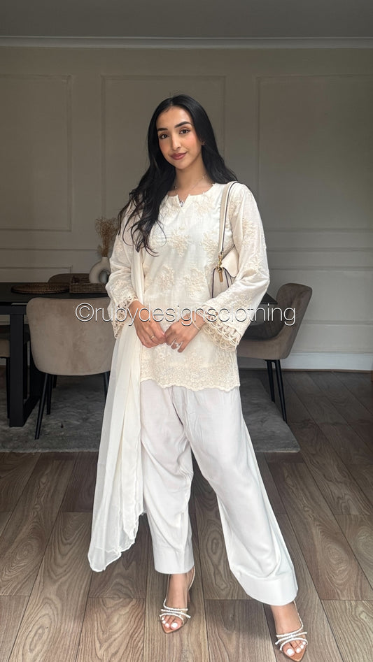 Vanilla Mist - 3 Piece Chikankari Suit with Farshi Shalwar
