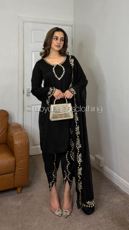 AQSA Noir - 3 Piece Chiffon Suit with Tulip Trouser