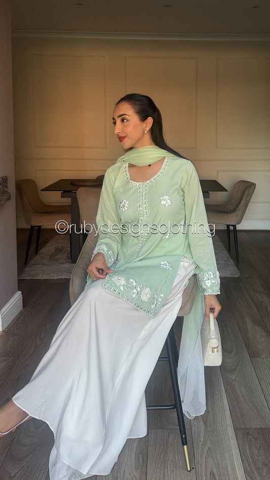 RAYA Mint  - 3 Piece Swiss Lawn Suit with Flowy Wide-Leg Pants