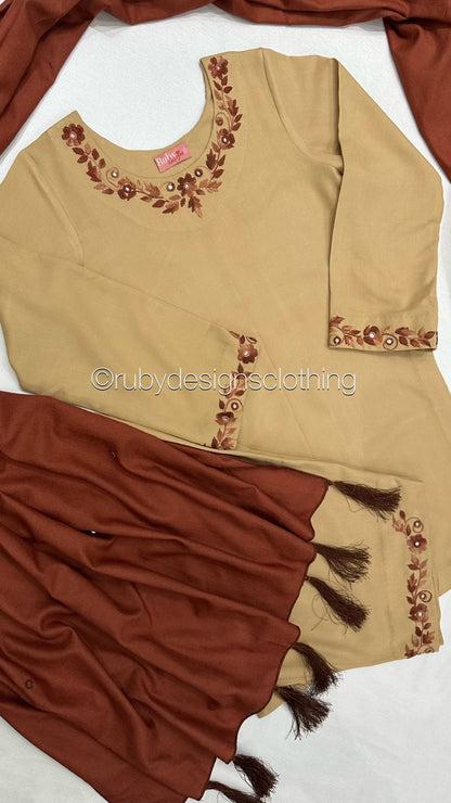 ZAHA - 3 Piece Beige Marina Suit with Brown Shawl