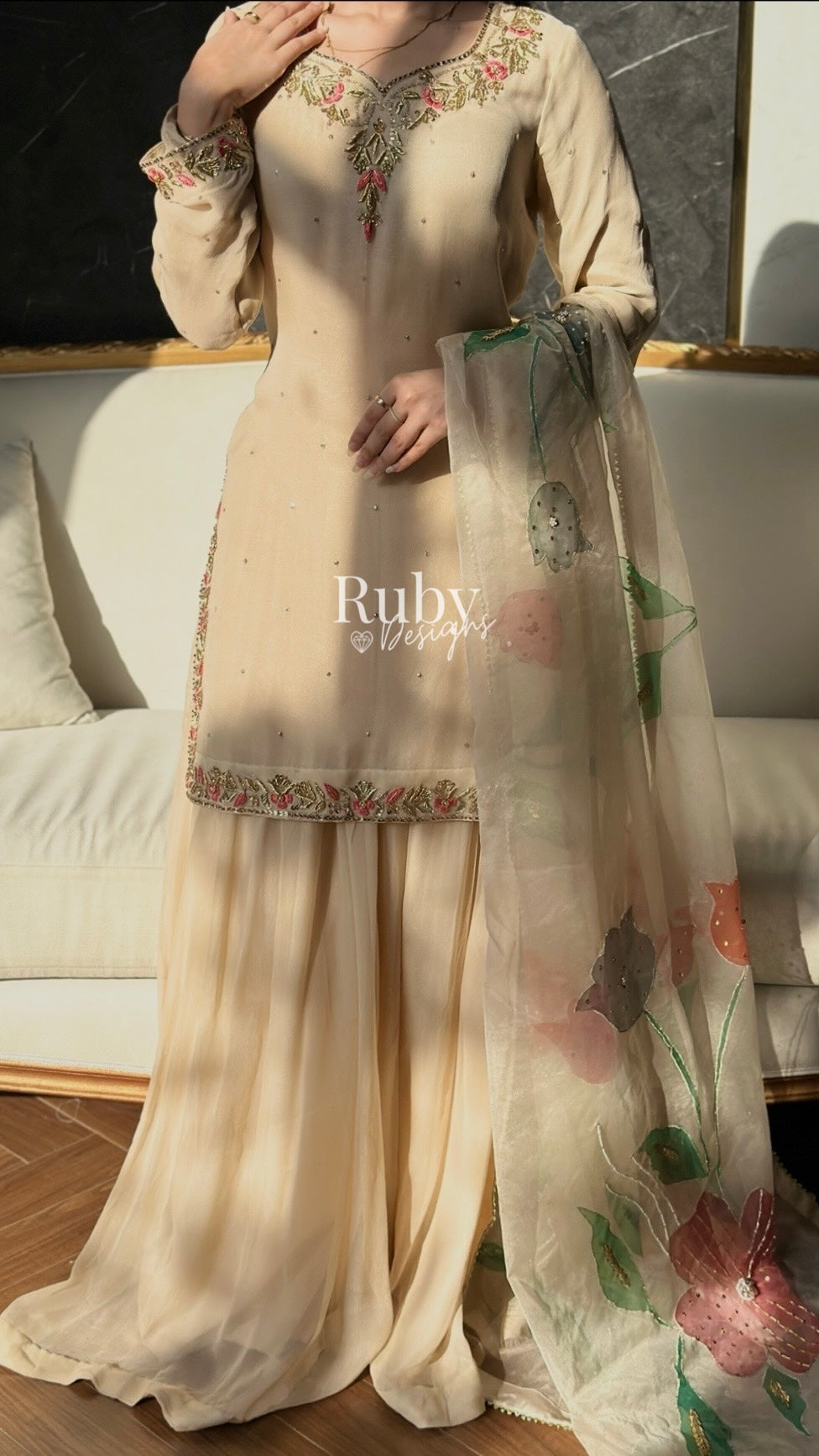 ZAIRA Dune - 3 Piece Chiffon Sharara Suit with Hand Painted Dupatta